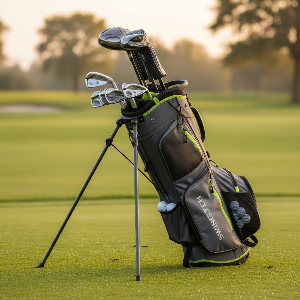 Close-up of golf stand bag legs deployed on course green