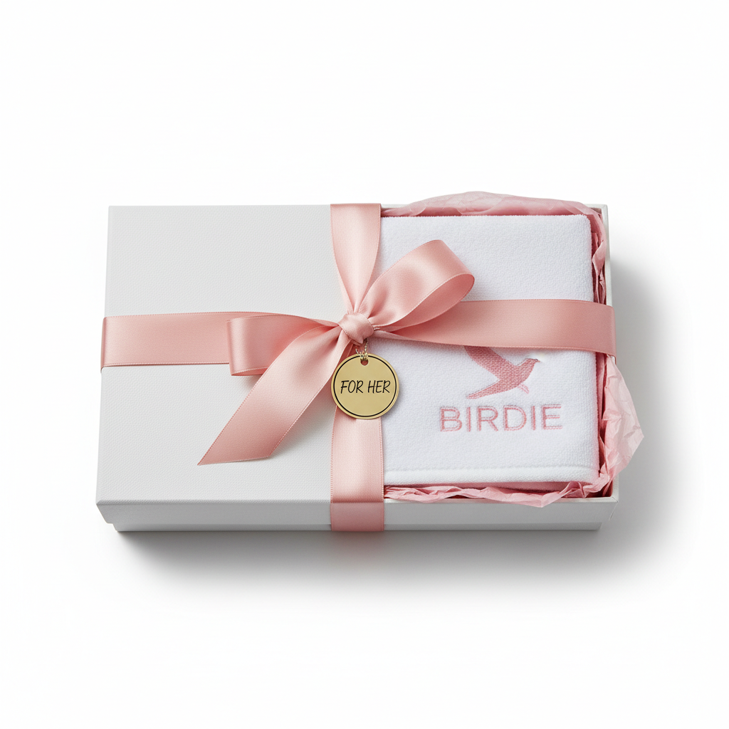 Birdie women's golf towel gift wrapped in pink box