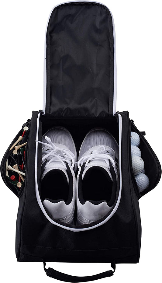 Golf Shoe Bag - Zippered Carrier with Ventilation and External Pocket for Accessories - Ideal Storage Solution (Black)