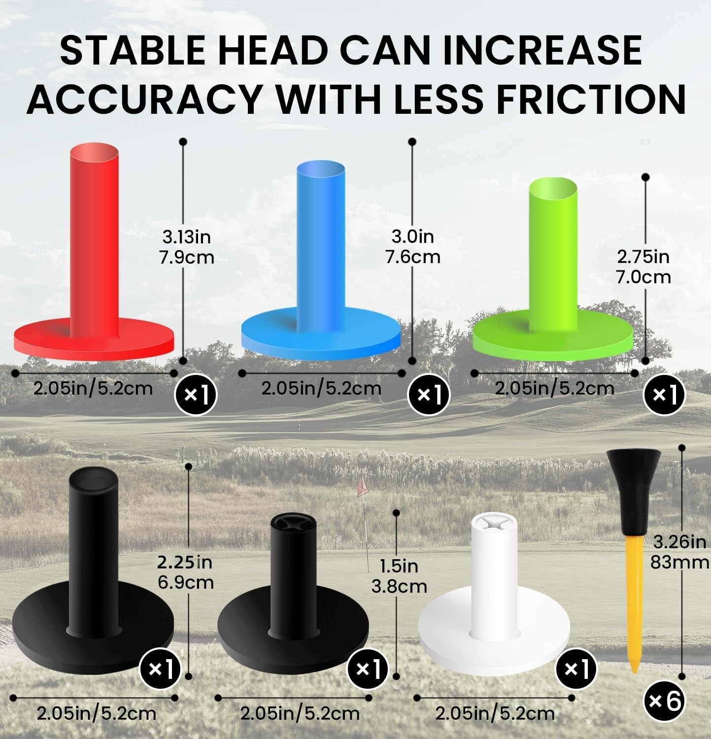 Premium Golf Rubber Tees Set - 6 Pack with 6 Plastic Tees (3.25 Inch) for Driving Range, Durable and Stable for Golf Mats and Turf Practice, Mixed Sizes (1.5", 2.25", 2.75", 3", 3.13")