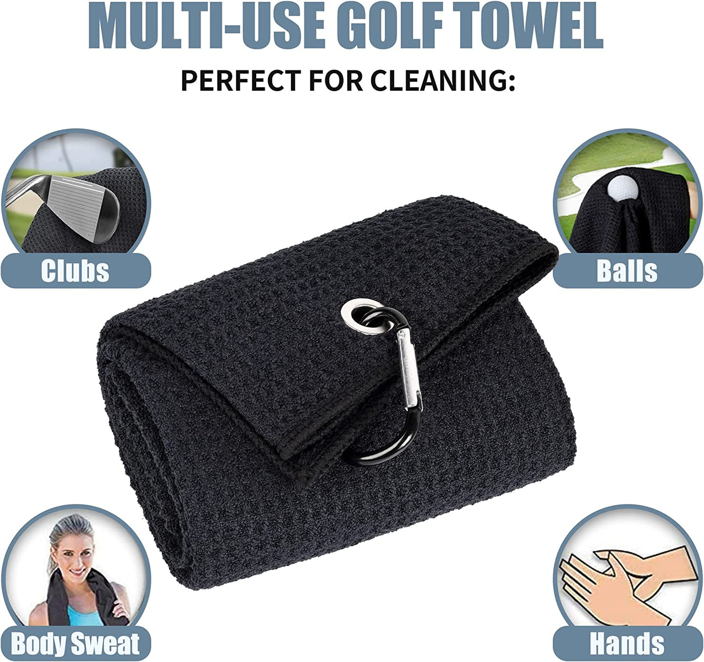 Tri-Fold Golf Towel | 16" X 24" | Premium Microfiber Fabric | Waffle Pattern | with Heavy Duty Carabiner Clip | for Men and Women (Black)