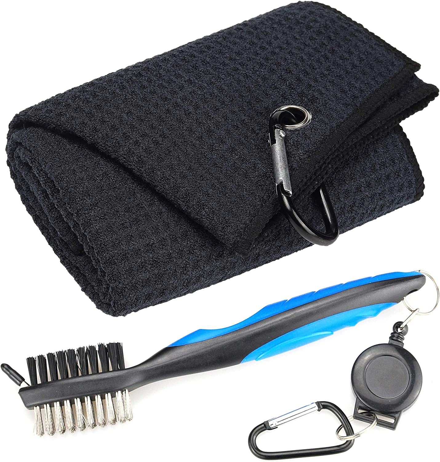Golf Towels - Microfiber Waffle Pattern Tri-Fold, Brush Tool Kit with Club Groove Cleaner with Retractable Cord and Clip, for Men Women, Golf Gift
