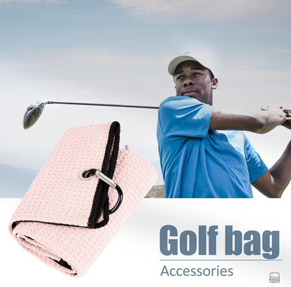 Tri-Fold Golf Towel | 16" X 24" | Premium Microfiber Fabric | Waffle Pattern | with Heavy Duty Carabiner Clip | for Men and Women (Pink)