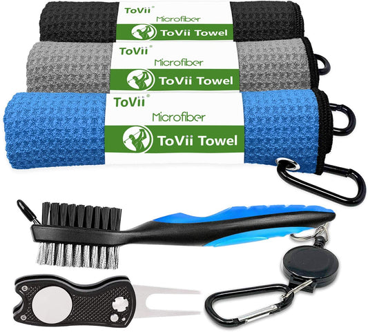 Microfiber Waffle Pattern Golf Towel with Brush Tool Kit, Club Groove Cleaner, and Divot Tool - Premium Golf Accessories for Men