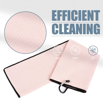 Tri-Fold Golf Towel | 16" X 24" | Premium Microfiber Fabric | Waffle Pattern | with Heavy Duty Carabiner Clip | for Men and Women (Pink)