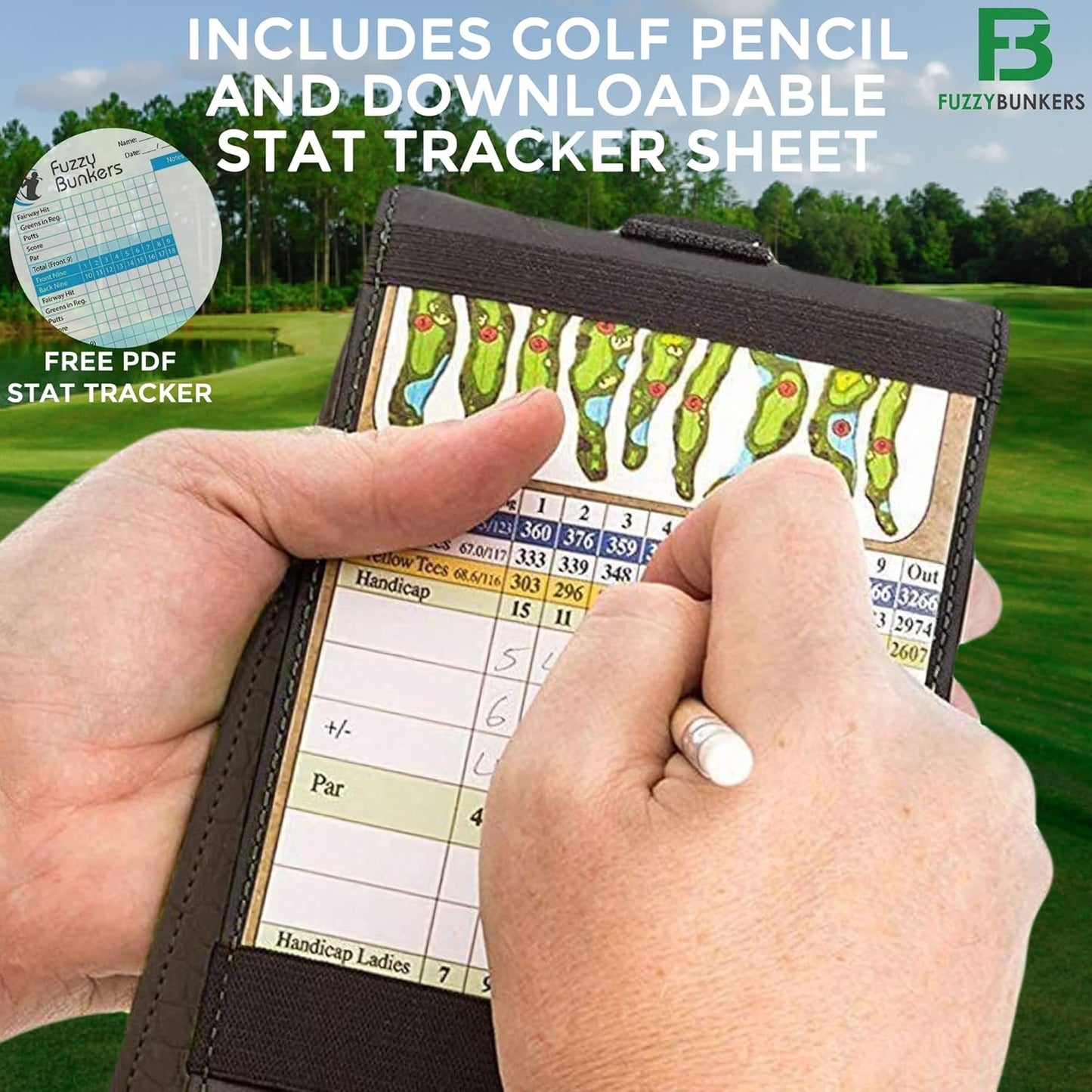 Premium Leather Golf Scorecard Holder with Yardage Book Cover, Includes Free Pencil and Stat Tracker Sheet