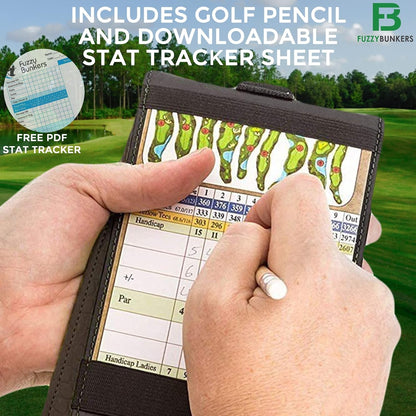 Premium Leather Golf Scorecard Holder with Yardage Book Cover, Includes Free Pencil and Stat Tracker Sheet