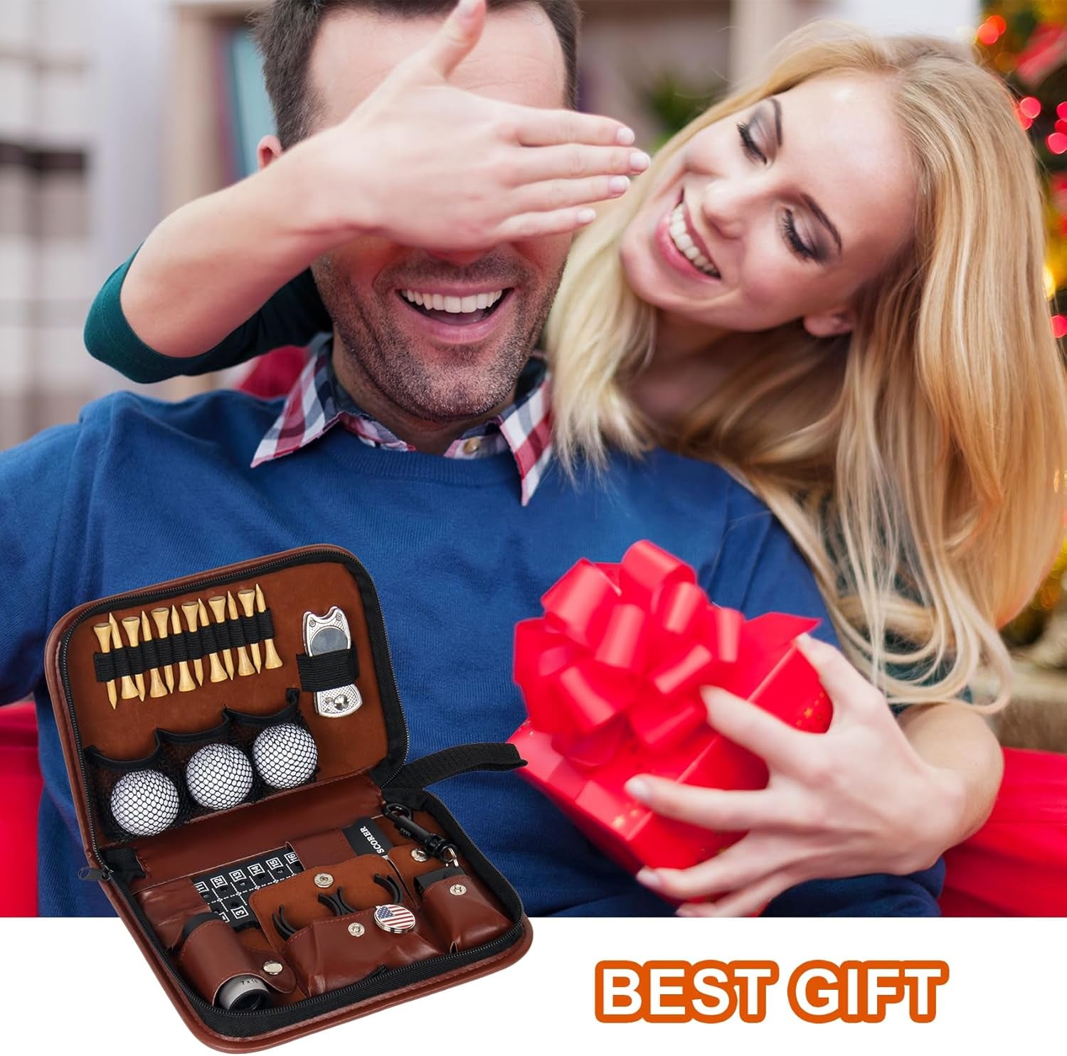 Premium Golf Accessories Set with Leather Case - Complete Kit Including Golf Balls, Tees, Brushes, Rangefinder, Scorer, Ball Marker, Clips, and Divot Tool - Ideal Gifts for Golf Enthusiasts