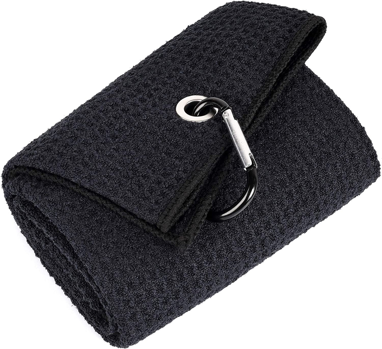 Tri-Fold Golf Towel | 16" X 24" | Premium Microfiber Fabric | Waffle Pattern | with Heavy Duty Carabiner Clip | for Men and Women (Black)