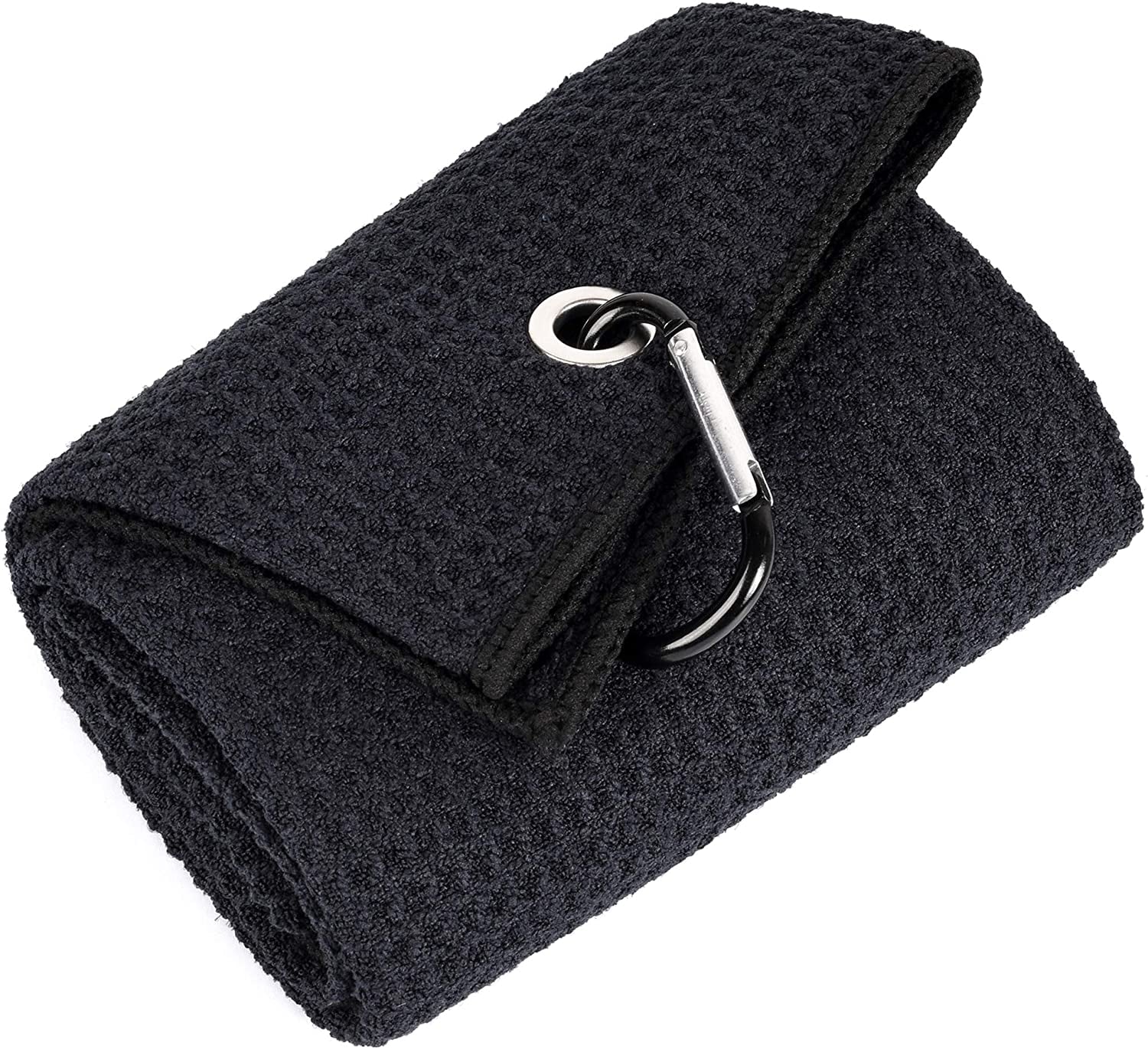 Tri-Fold Golf Towel | 16" X 24" | Premium Microfiber Fabric | Waffle Pattern | with Heavy Duty Carabiner Clip | for Men and Women (Black)