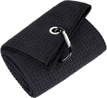 Tri-Fold Golf Towel | 16" X 24" | Premium Microfiber Fabric | Waffle Pattern | with Heavy Duty Carabiner Clip | for Men and Women (Black)