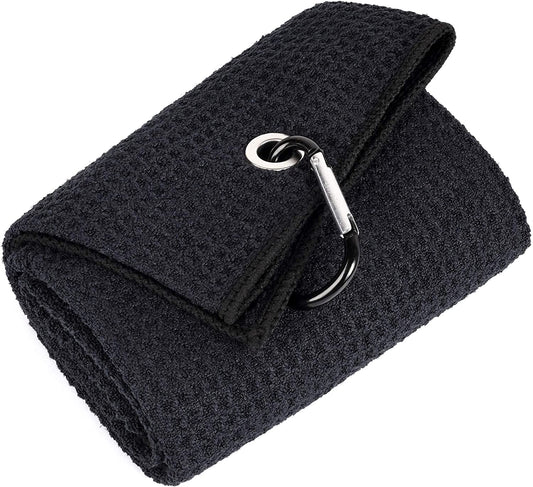 Tri-Fold Golf Towel | 16" X 24" | Premium Microfiber Fabric | Waffle Pattern | with Heavy Duty Carabiner Clip | for Men and Women (Black)