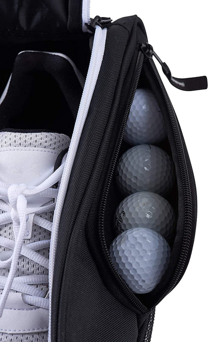 Golf Shoe Bag - Zippered Carrier with Ventilation and External Pocket for Accessories - Ideal Storage Solution (Black)