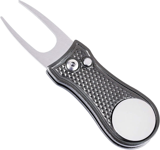 Golf Divot Repair Tool, All Metal Foldable Divot Tool with Pop-Up Button & Magnetic Ball Marker