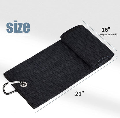 Tri-Fold Golf Towel | 16" X 24" | Premium Microfiber Fabric | Waffle Pattern | with Heavy Duty Carabiner Clip | for Men and Women (Black)