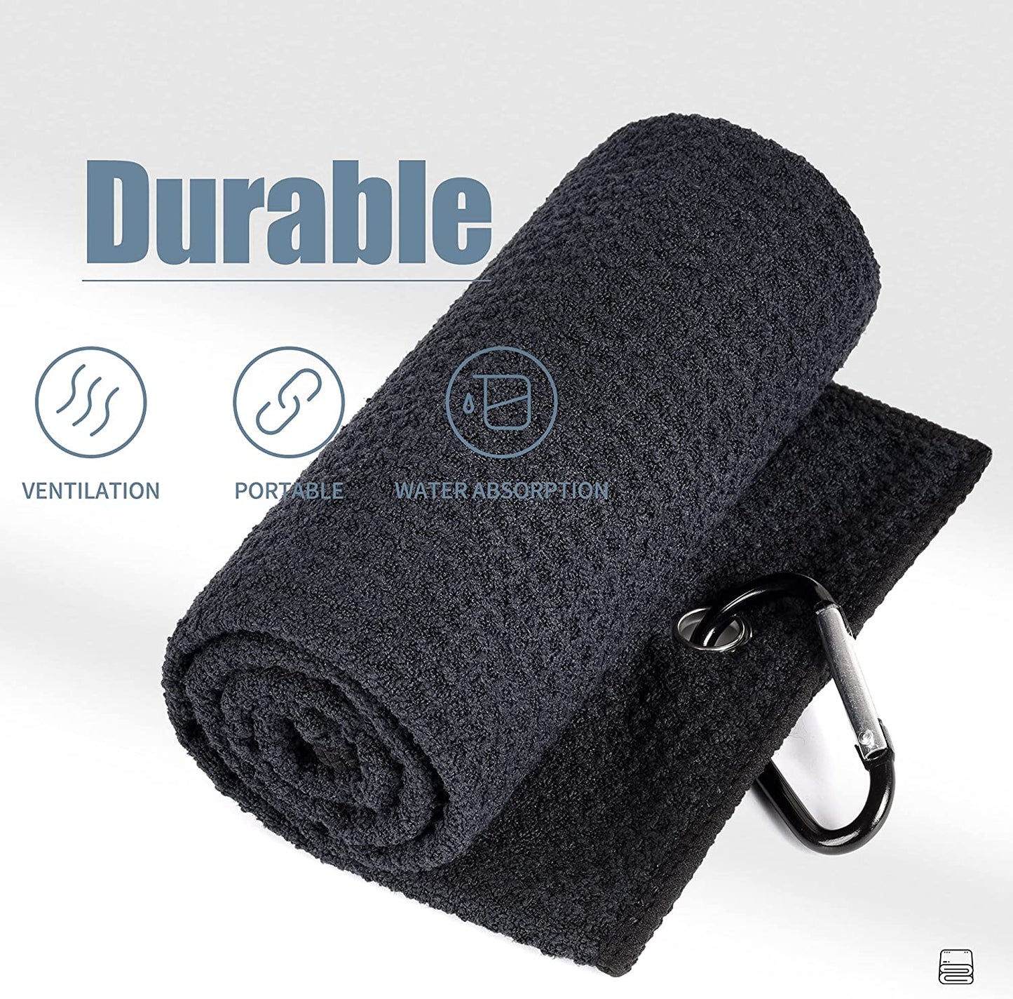 Tri-Fold Golf Towel | 16" X 24" | Premium Microfiber Fabric | Waffle Pattern | with Heavy Duty Carabiner Clip | for Men and Women (Black)