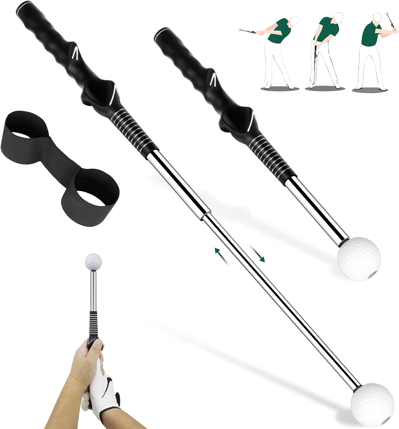 Retractable Golf Swing Trainer with Golf Grip Trainer-Telescopic Club Retractable Golf Swing Training Aid with Arm Band/Tempo Stick Golf/Warm Up/Indoor Golf Practice | Golf Grip Trainer