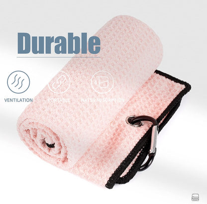 Tri-Fold Golf Towel | 16" X 24" | Premium Microfiber Fabric | Waffle Pattern | with Heavy Duty Carabiner Clip | for Men and Women (Pink)