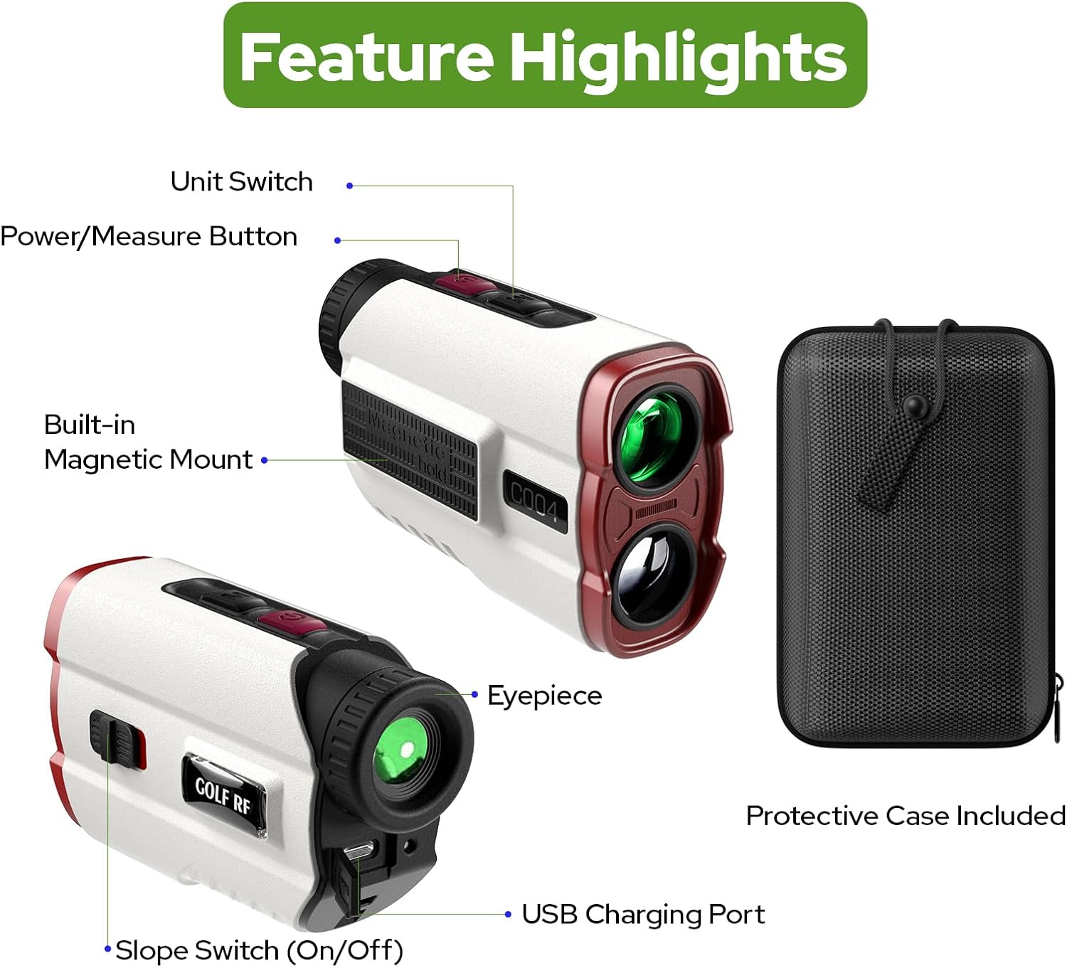 Golf Rangefinder with Slope, 1200 Yards Laser Range Finder with High-Precision Flag Pole Locking Vibration, 7X Magnification, Rechargeable Battery