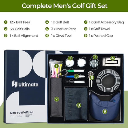 Golf Accessories Kit for Men Women, Golf Accessories Set W/Golf Balls, Golf Tees, Golf Towel, Golf Belt, Golf Hat, Divot Tool, Ball Marker, Storage Bag, Golf Gift Box for Golfers