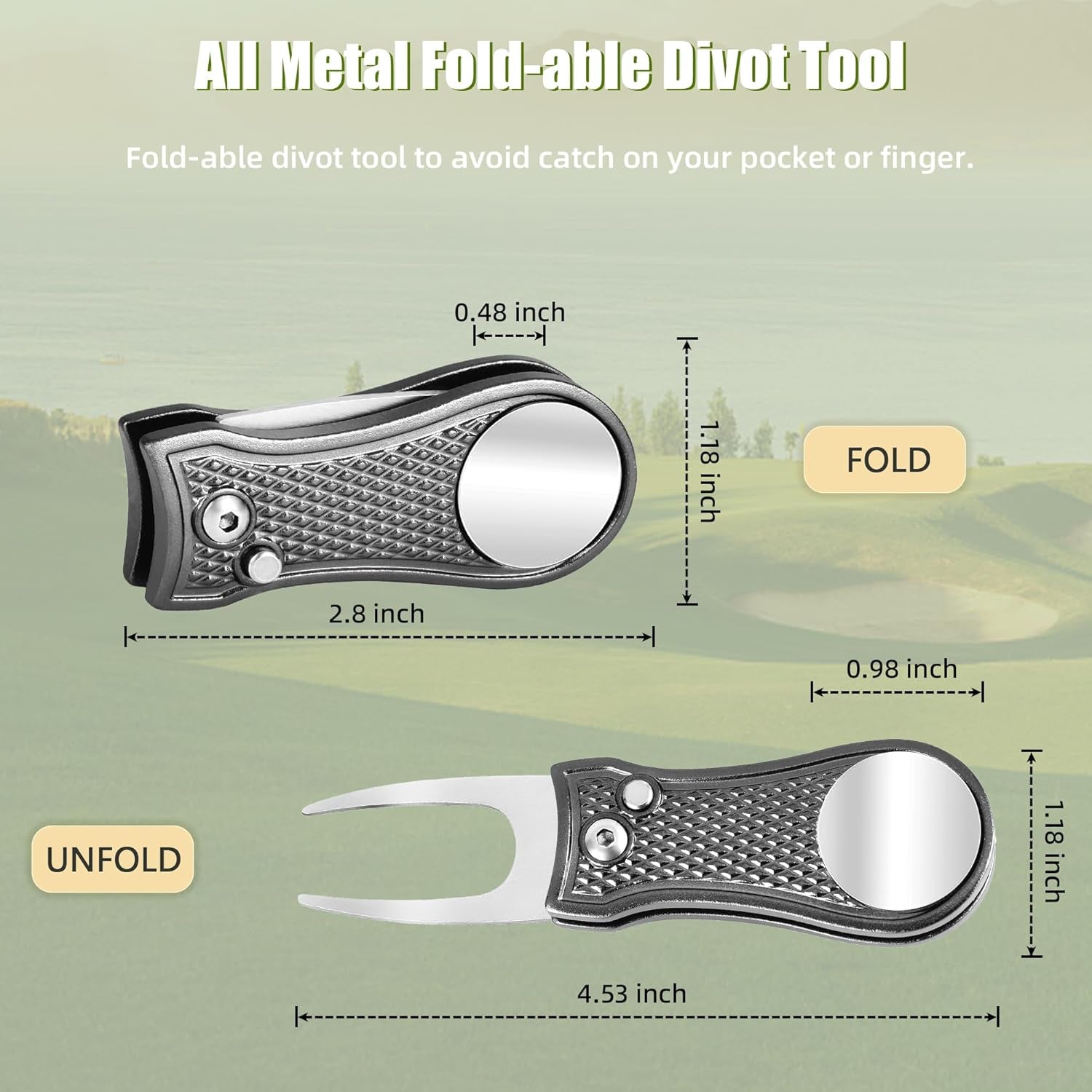 Golf Divot Repair Tool, All Metal Foldable Divot Tool with Pop-Up Button & Magnetic Ball Marker