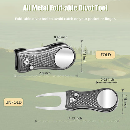 Golf Divot Repair Tool, All Metal Foldable Divot Tool with Pop-Up Button & Magnetic Ball Marker