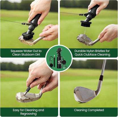 Golf Club Brush Cleaner with Groove Sharpener, Includes 3 Replacement Brush Heads and 2 Retractable Clips, Essential Golf Accessories for Men, Ideal Golf Gifts, Complete Golf Cleaning Kit