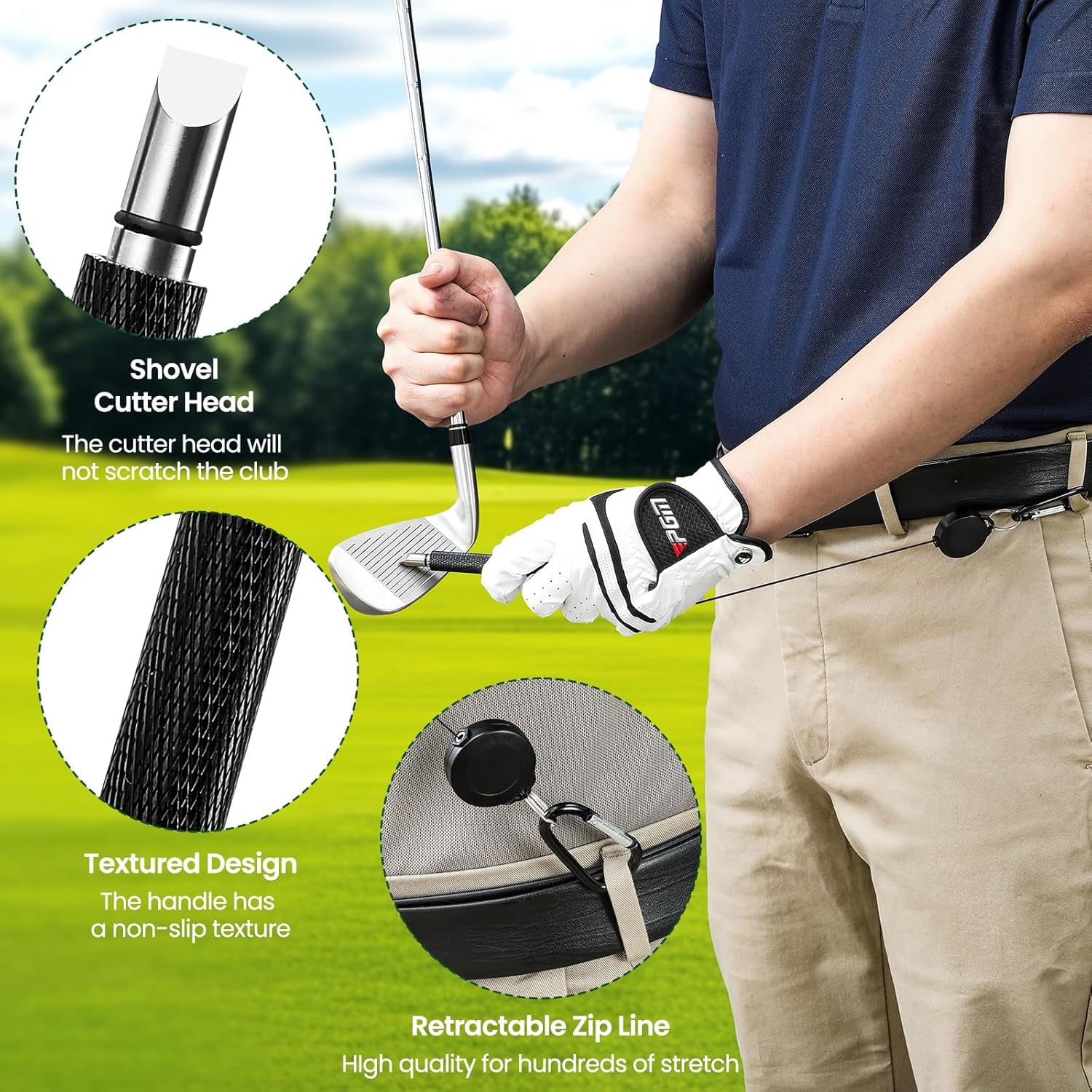 Golf Club Brush Cleaner with Groove Sharpener, Includes 3 Replacement Brush Heads and 2 Retractable Clips, Essential Golf Accessories for Men, Ideal Golf Gifts, Complete Golf Cleaning Kit
