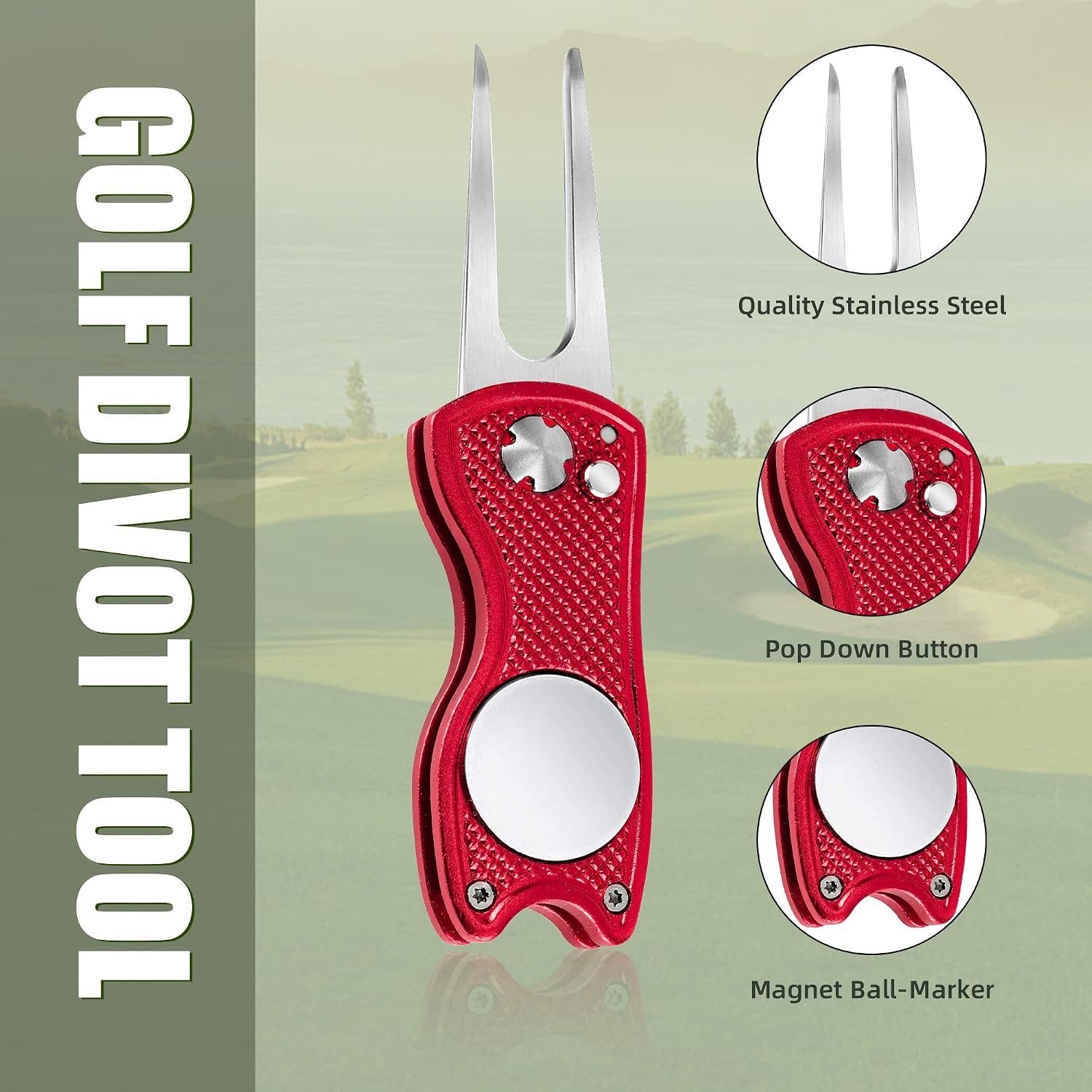 Golf Divot Repair Tool, All Metal Foldable Divot Tool with Pop-Up Button & Magnetic Ball Marker, 2-6 Pack