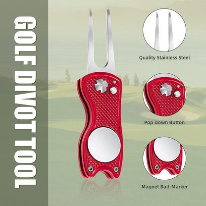 Golf Divot Repair Tool, All Metal Foldable Divot Tool with Pop-Up Button & Magnetic Ball Marker, 2-6 Pack