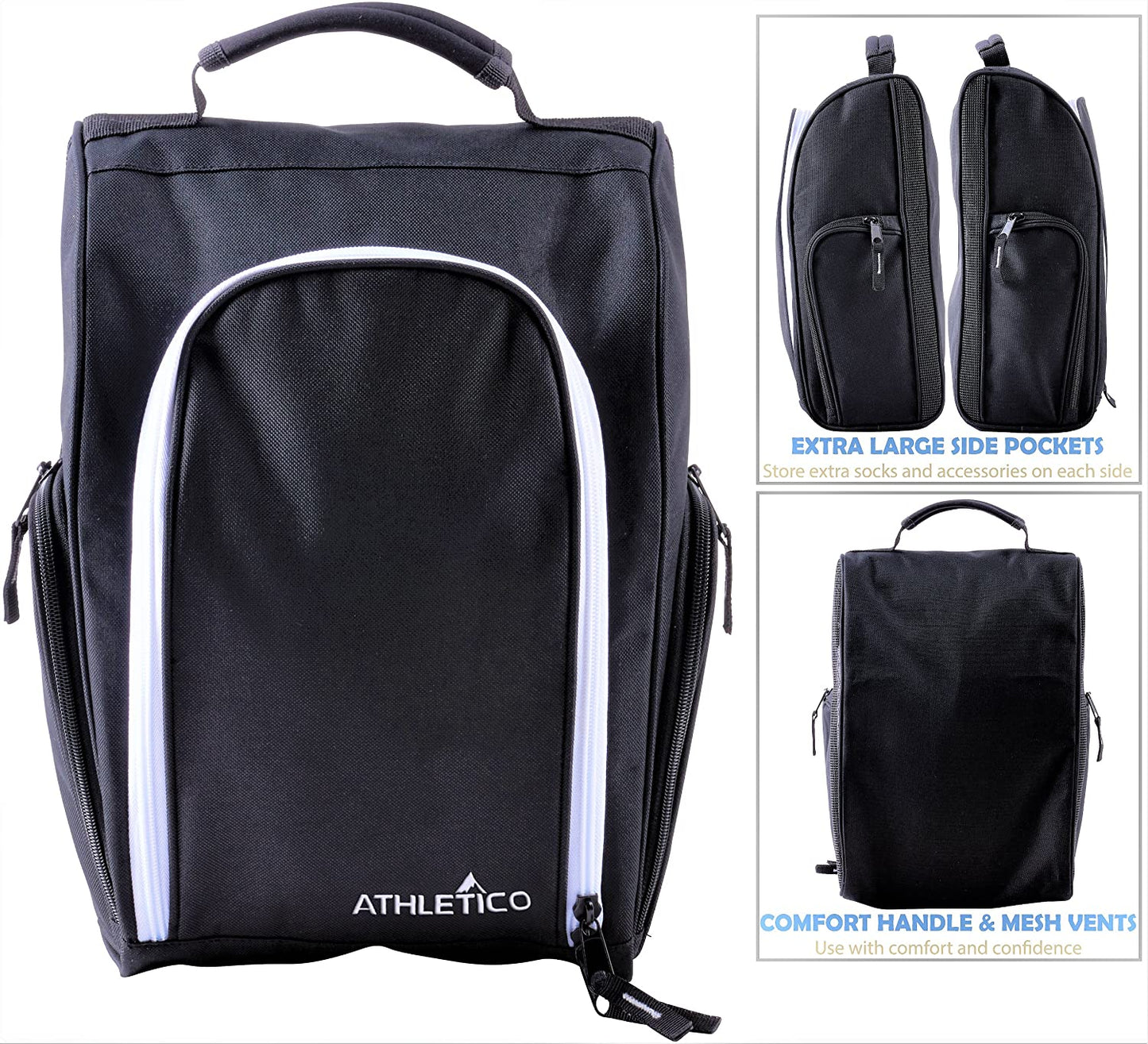 Golf Shoe Bag - Zippered Carrier with Ventilation and External Pocket for Accessories - Ideal Storage Solution (Black)