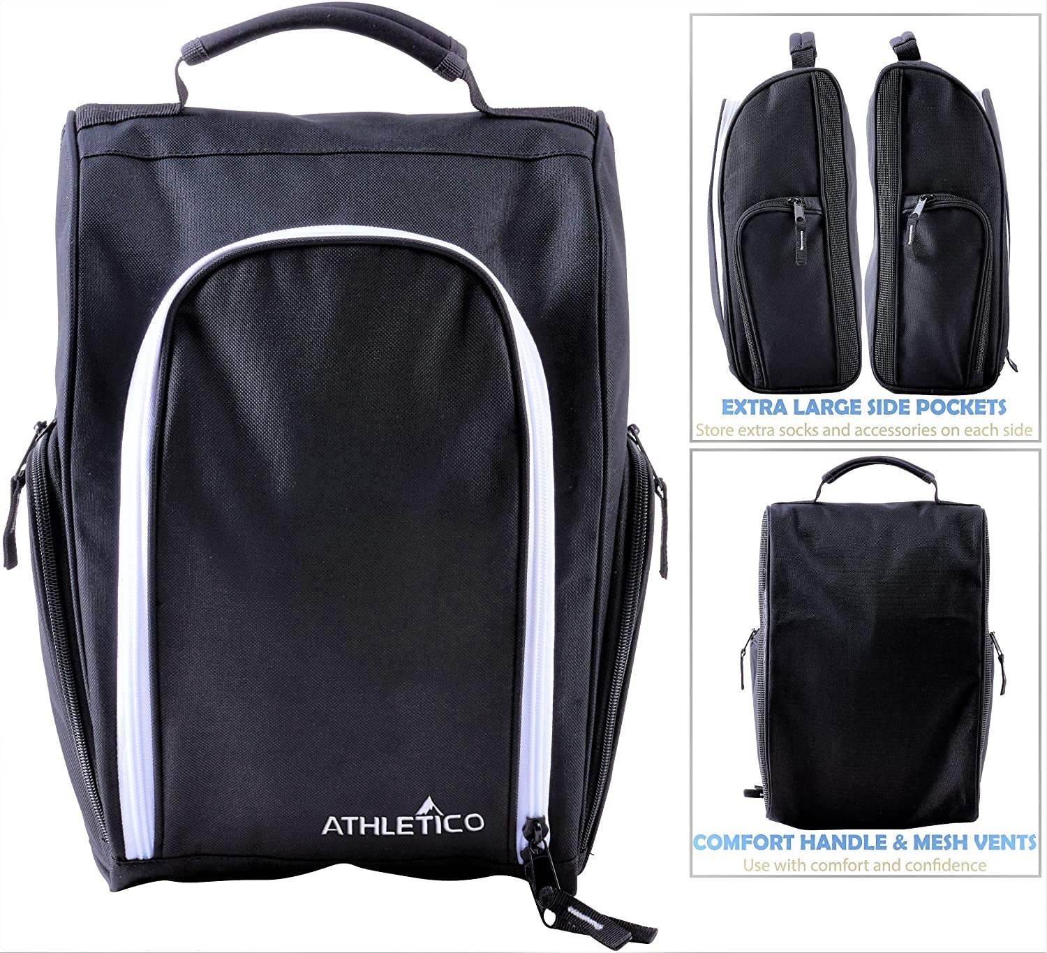Golf Shoe Bag - Zippered Carrier with Ventilation and External Pocket for Accessories - Ideal Storage Solution (Black)