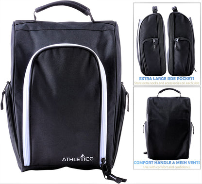 Golf Shoe Bag - Zippered Carrier with Ventilation and External Pocket for Accessories - Ideal Storage Solution (Black)