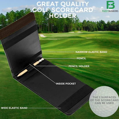 Premium Leather Golf Scorecard Holder with Yardage Book Cover, Includes Free Pencil and Stat Tracker Sheet