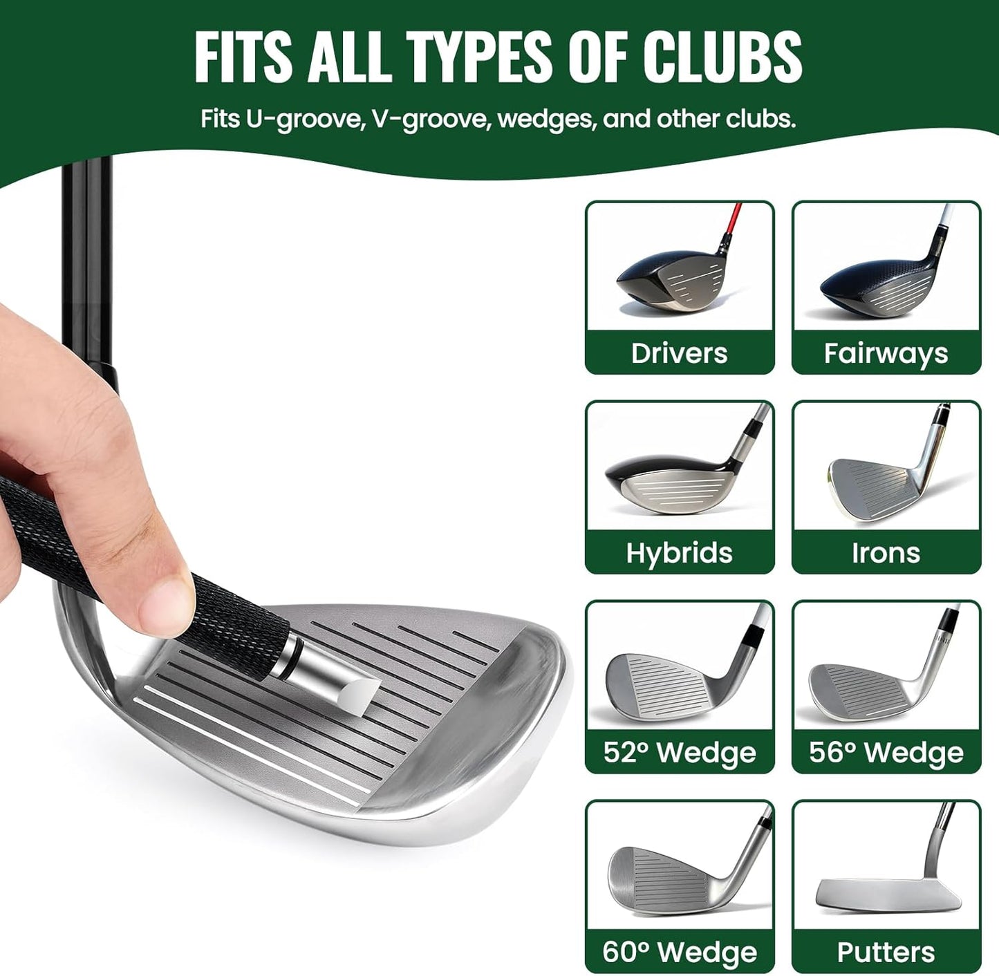 Golf Club Brush Cleaner with Groove Sharpener, Includes 3 Replacement Brush Heads and 2 Retractable Clips, Essential Golf Accessories for Men, Ideal Golf Gifts, Complete Golf Cleaning Kit