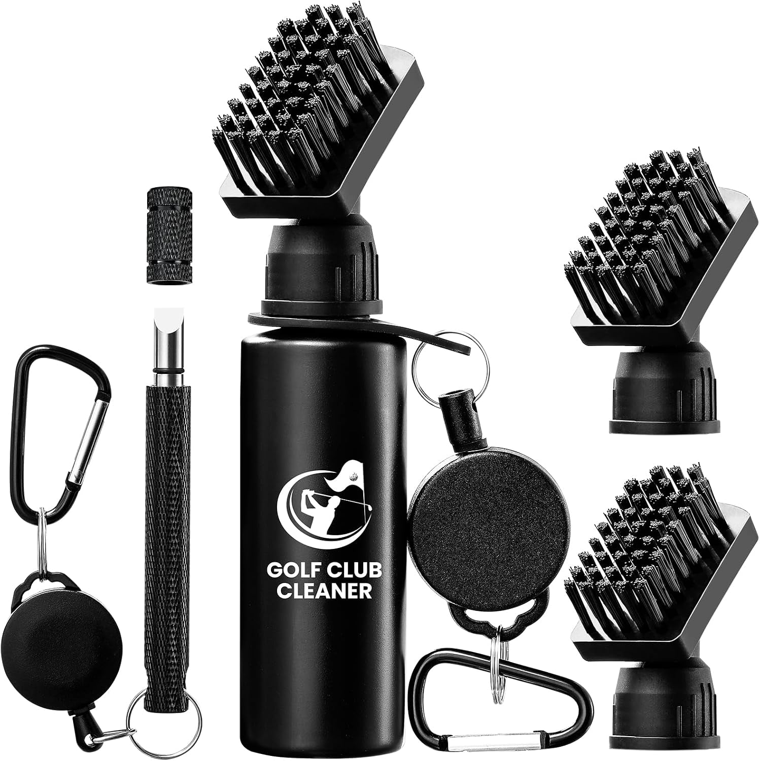 Golf Club Brush Cleaner with Groove Sharpener, Includes 3 Replacement Brush Heads and 2 Retractable Clips, Essential Golf Accessories for Men, Ideal Golf Gifts, Complete Golf Cleaning Kit