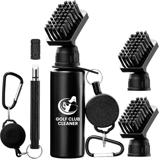 Golf Club Brush Cleaner with Groove Sharpener, Includes 3 Replacement Brush Heads and 2 Retractable Clips, Essential Golf Accessories for Men, Ideal Golf Gifts, Complete Golf Cleaning Kit