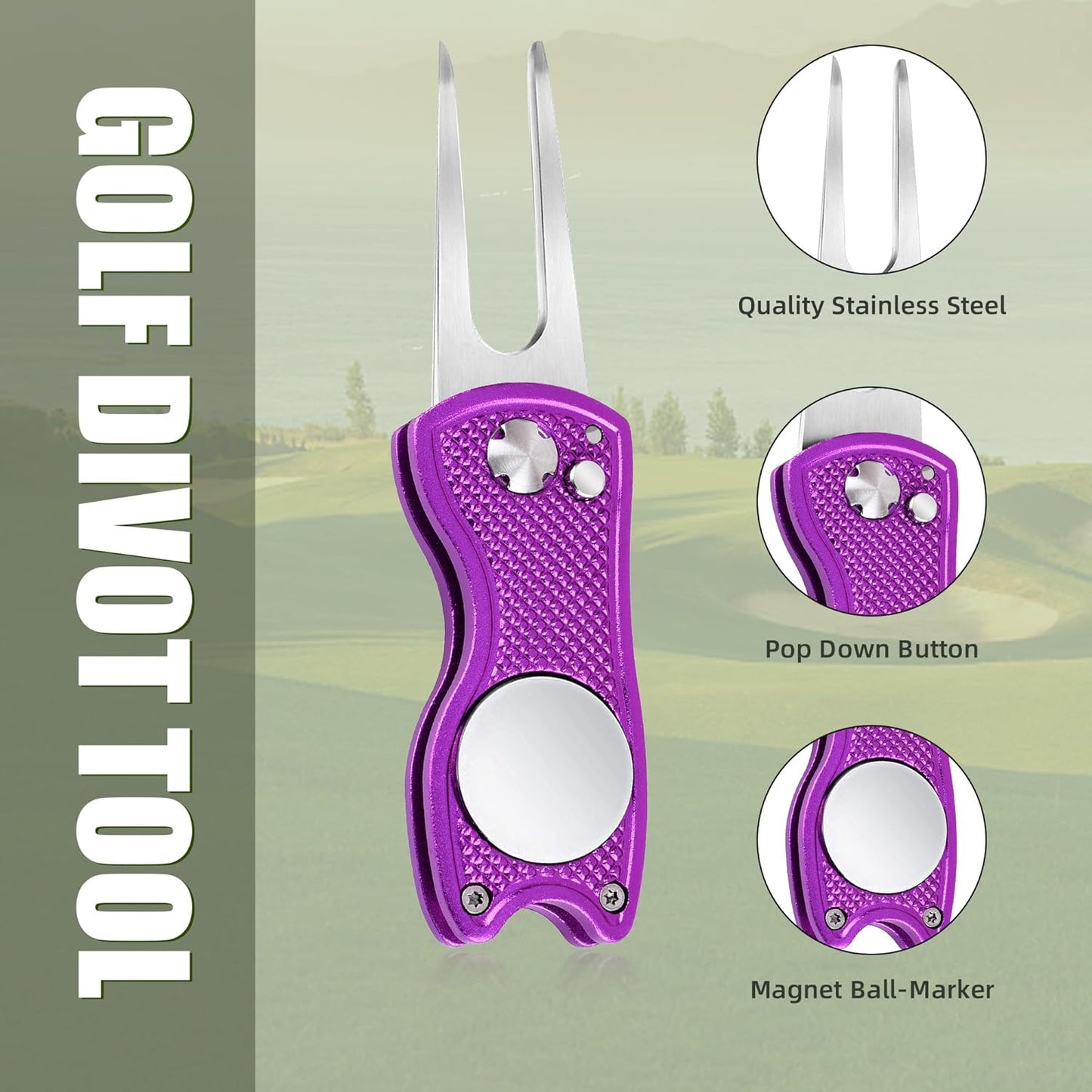 Golf Divot Repair Tool, All Metal Foldable Divot Tool with Pop-Up Button & Magnetic Ball Marker, 2-6 Pack