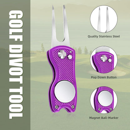 Golf Divot Repair Tool, All Metal Foldable Divot Tool with Pop-Up Button & Magnetic Ball Marker, 2-6 Pack