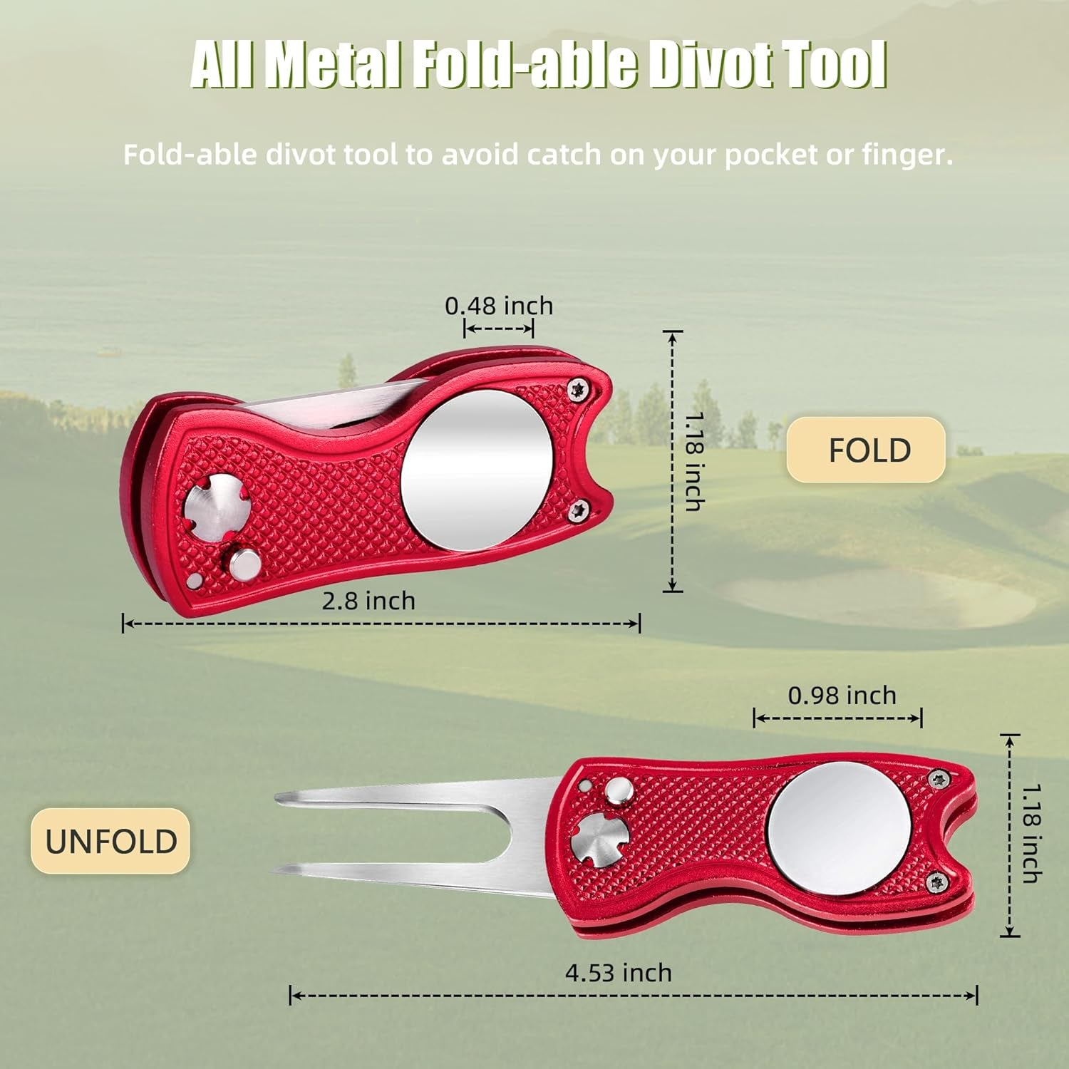 Golf Divot Repair Tool, All Metal Foldable Divot Tool with Pop-Up Button & Magnetic Ball Marker, 2-6 Pack