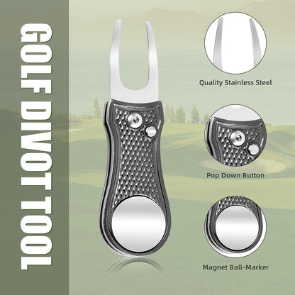 Golf Divot Repair Tool, All Metal Foldable Divot Tool with Pop-Up Button & Magnetic Ball Marker