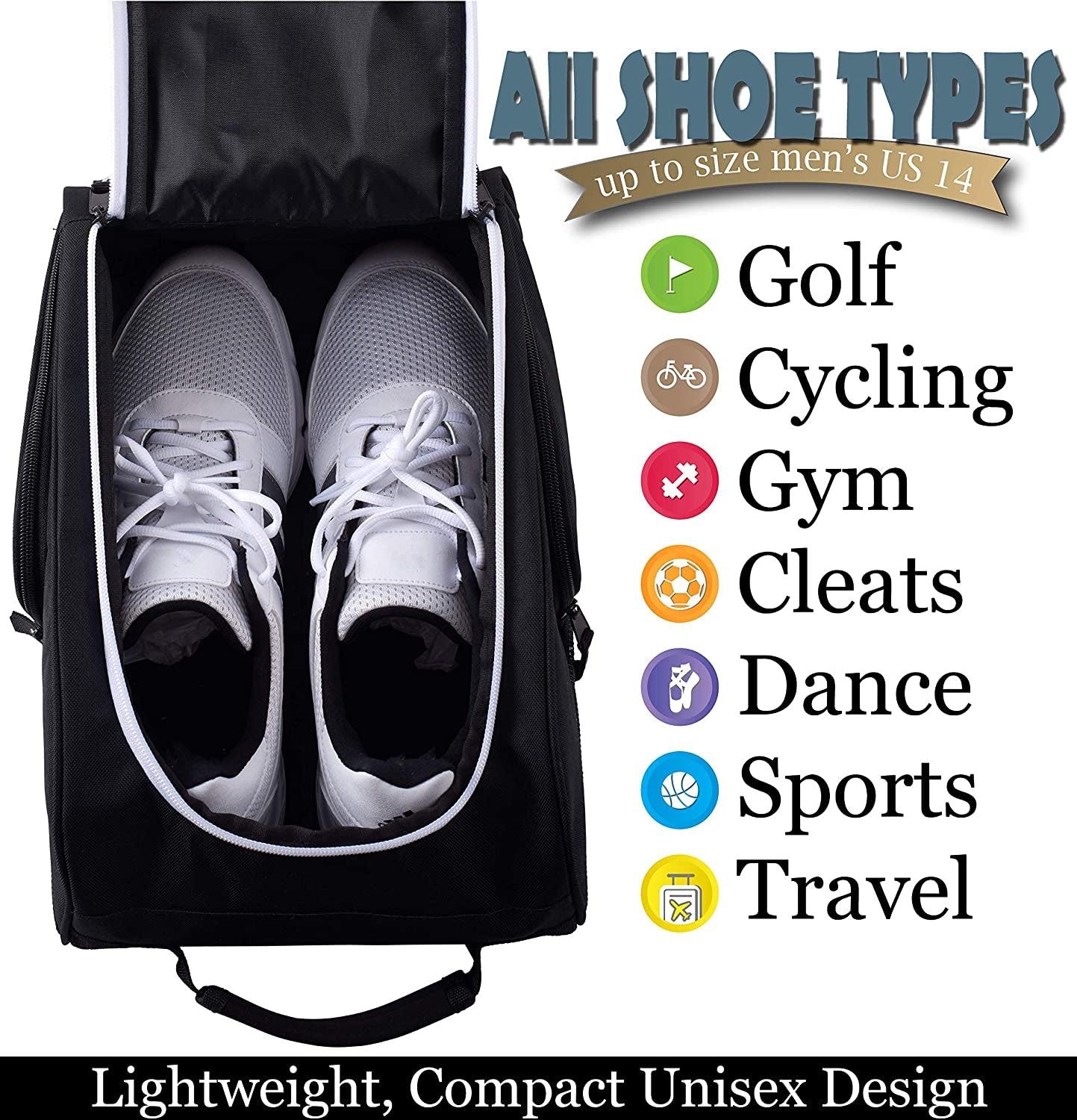 Golf Shoe Bag - Zippered Carrier with Ventilation and External Pocket for Accessories - Ideal Storage Solution (Black)