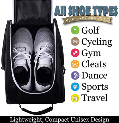 Golf Shoe Bag - Zippered Carrier with Ventilation and External Pocket for Accessories - Ideal Storage Solution (Black)