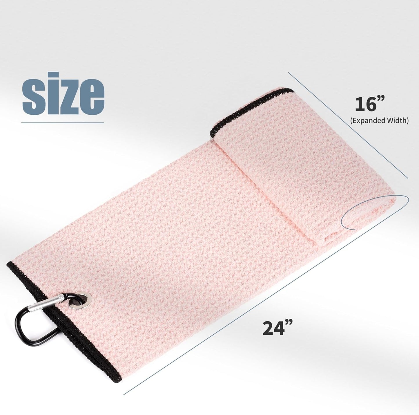 Tri-Fold Golf Towel | 16" X 24" | Premium Microfiber Fabric | Waffle Pattern | with Heavy Duty Carabiner Clip | for Men and Women (Pink)