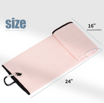 Tri-Fold Golf Towel | 16" X 24" | Premium Microfiber Fabric | Waffle Pattern | with Heavy Duty Carabiner Clip | for Men and Women (Pink)
