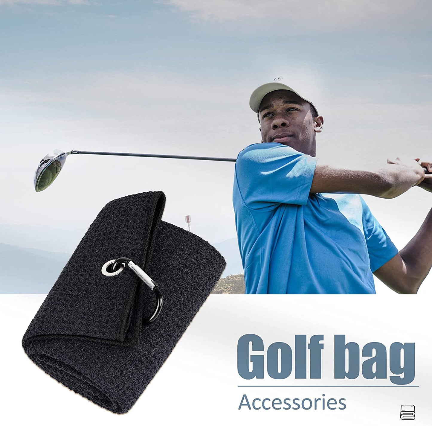 Tri-Fold Golf Towel | 16" X 24" | Premium Microfiber Fabric | Waffle Pattern | with Heavy Duty Carabiner Clip | for Men and Women (Black)
