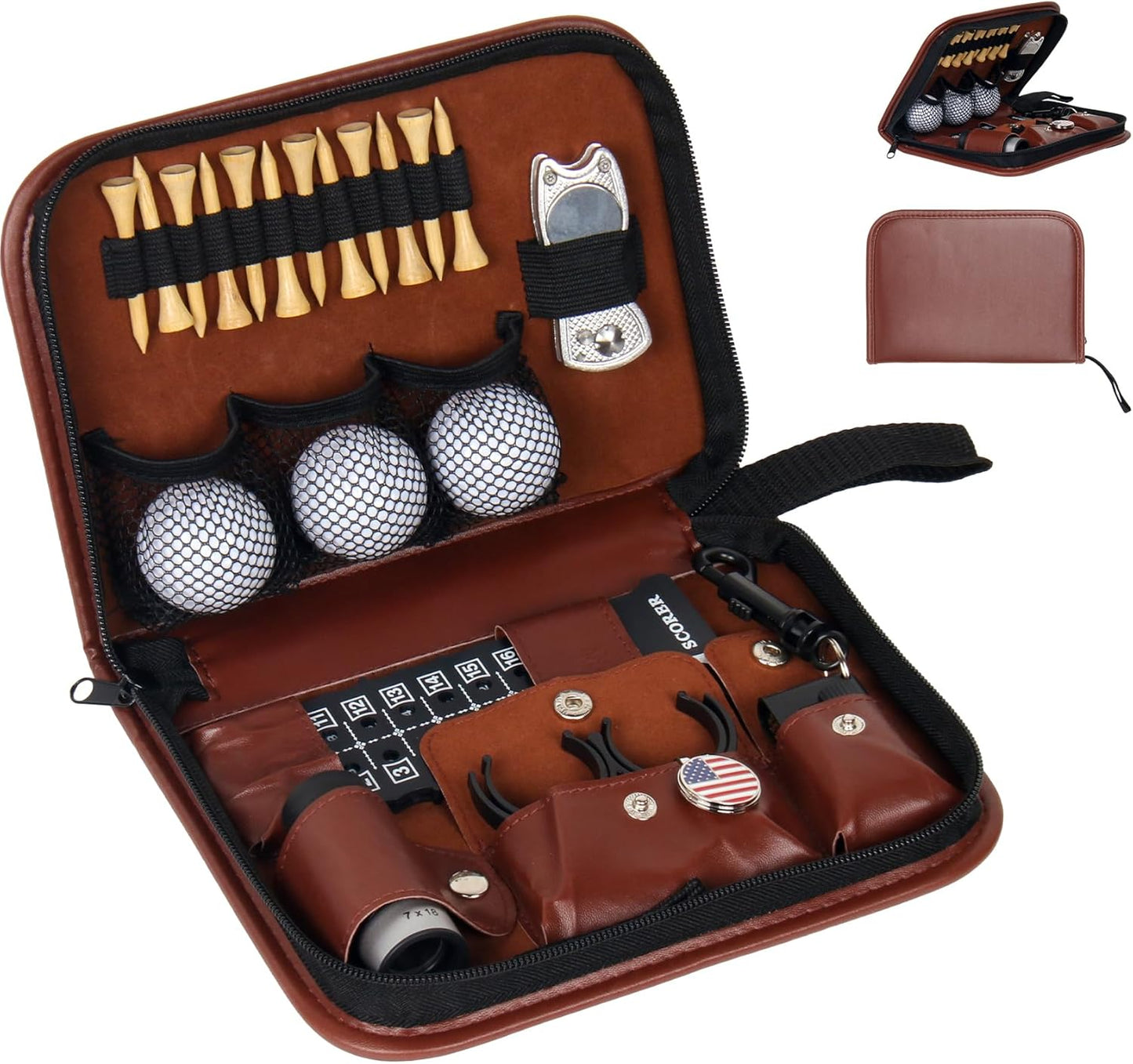 Premium Golf Accessories Set with Leather Case - Complete Kit Including Golf Balls, Tees, Brushes, Rangefinder, Scorer, Ball Marker, Clips, and Divot Tool - Ideal Gifts for Golf Enthusiasts