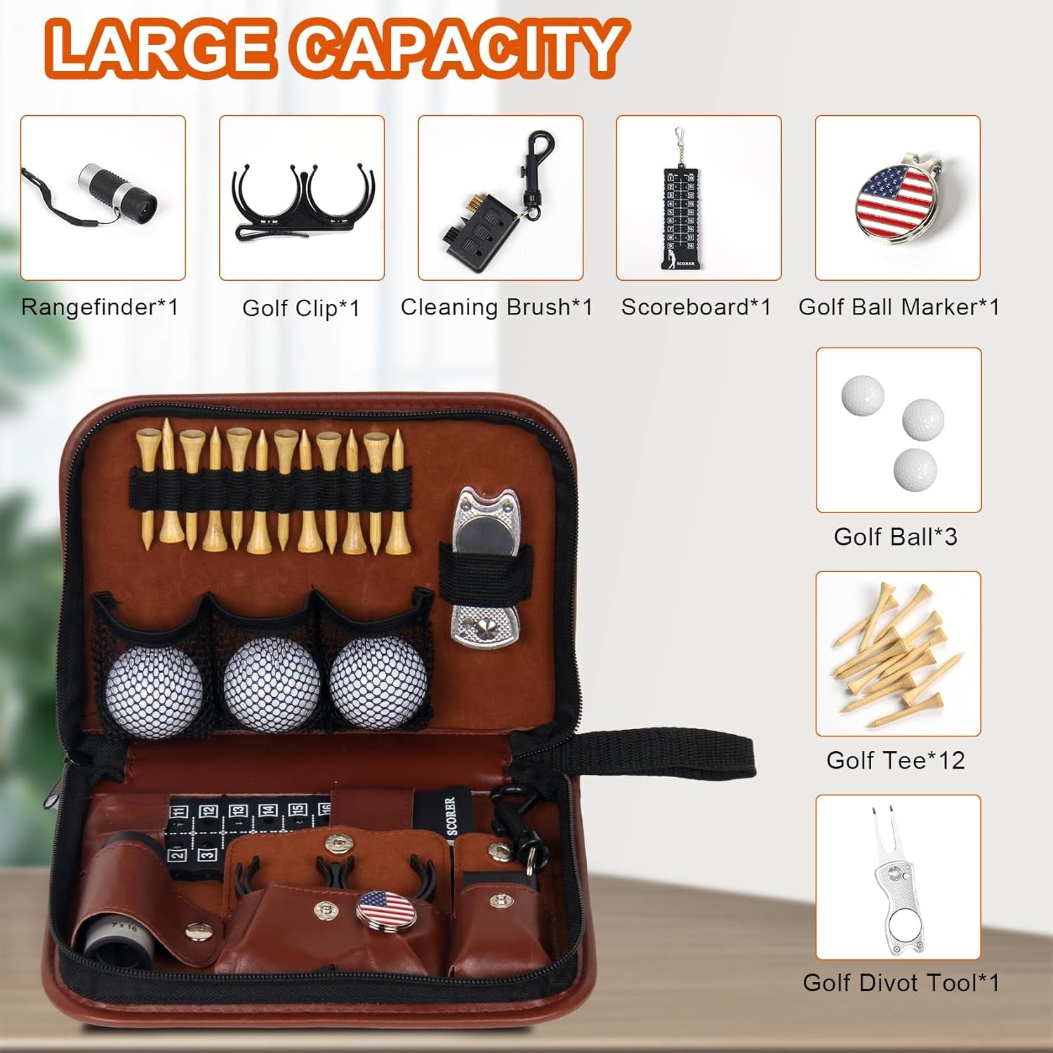 Premium Golf Accessories Set with Leather Case - Complete Kit Including Golf Balls, Tees, Brushes, Rangefinder, Scorer, Ball Marker, Clips, and Divot Tool - Ideal Gifts for Golf Enthusiasts