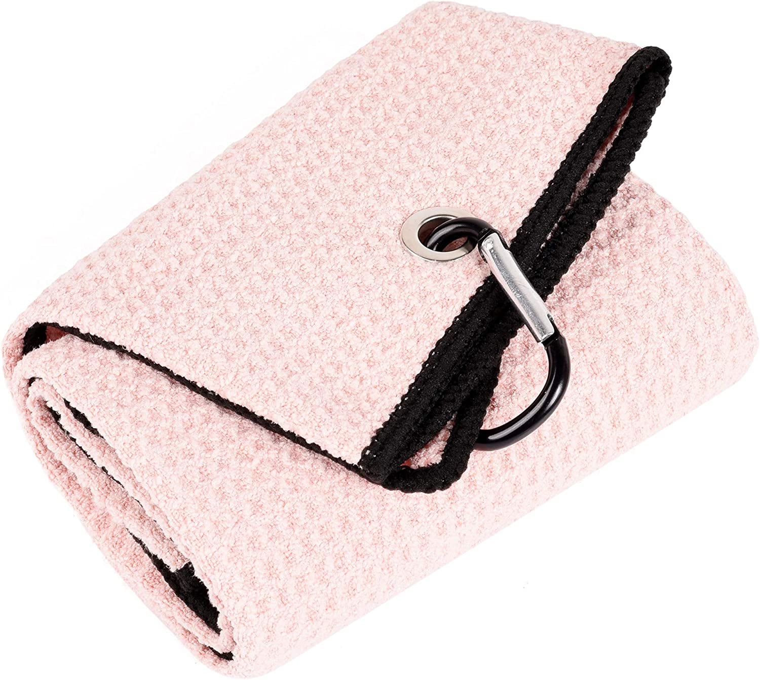 Tri-Fold Golf Towel | 16" X 24" | Premium Microfiber Fabric | Waffle Pattern | with Heavy Duty Carabiner Clip | for Men and Women (Pink)
