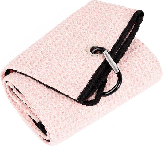 Tri-Fold Golf Towel | 16" X 24" | Premium Microfiber Fabric | Waffle Pattern | with Heavy Duty Carabiner Clip | for Men and Women (Pink)